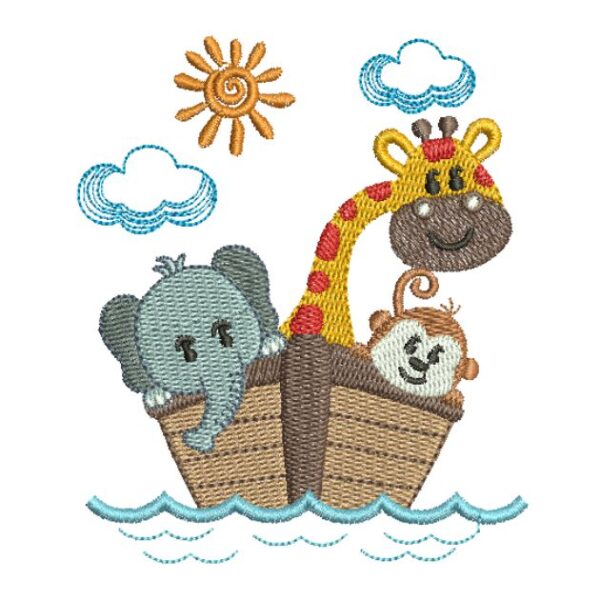 Matriz de bordado Safari girafa elefante macaco no barquinho 0098int